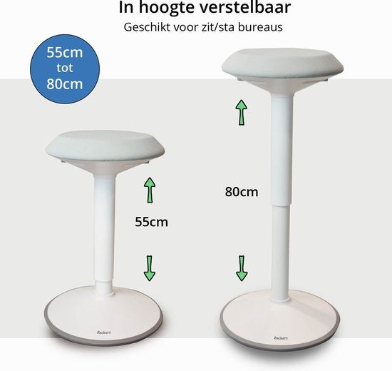 Bckz Tabouret oscillant blanc | Hauteur 55-80 cm | Tabouret d'équilibre | Tabouret assis-debout | Chaise de bureau ergonomique | Tabouret en forme de selle