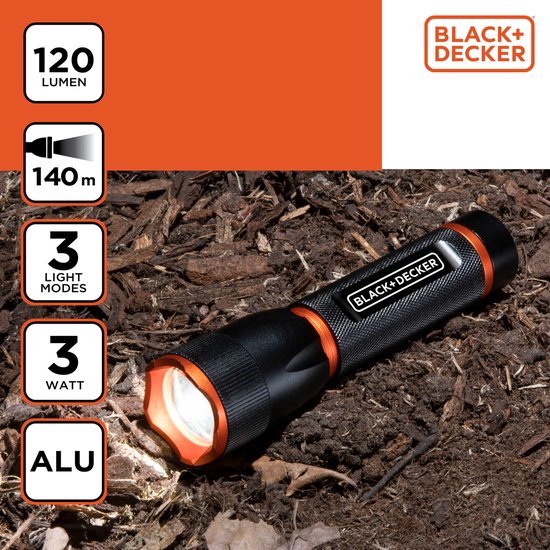 BLACK+DECKER Lampe de poche LED 120 Lumen - 3W - 140M Portée - 3 modes d'éclairage : Haut, Bas, Pulsé - Noir/Orange