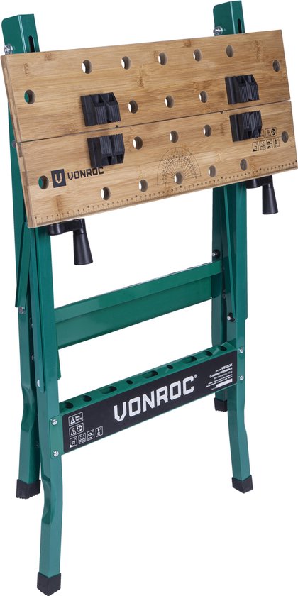 Etabli VONROC - Equipé d'un plan de travail en bambou - Pliable et chargeable jusqu'à 150kg