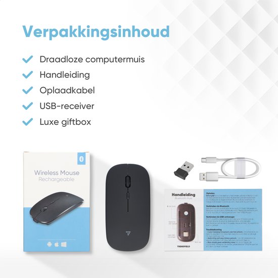 Souris sans fil Trendfield - Souris d'ordinateur rechargeable - Bluetooth - Souris ergonomique avec clic silencieux - Convient à tous les ordinateurs portables - Noir