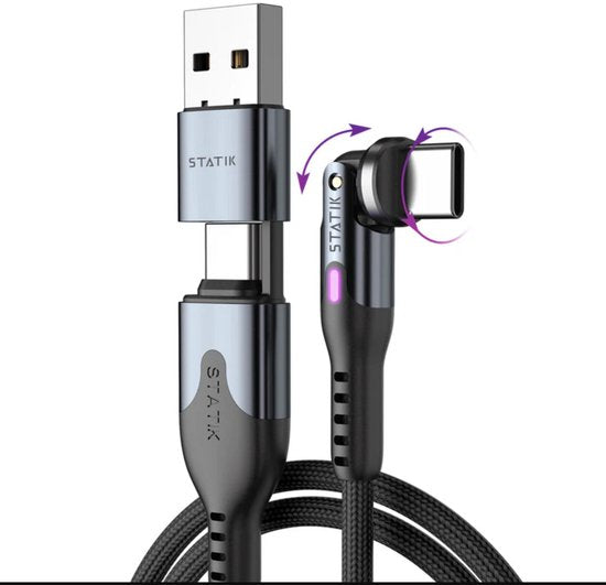 Statik PowerPivot Pro 360 - USB-C/USB-A vers USB-C - 1 m - 100 W - Débit de transfert de données : 480 Mbps - Tresse en nylon - Noir