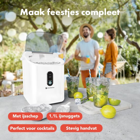 KitchenBrothers Nugget Ice Cube Maker - 1.1L - Machine à glace pilée avec pelle à glace - Portable - 15kg/24 heures - Blanc