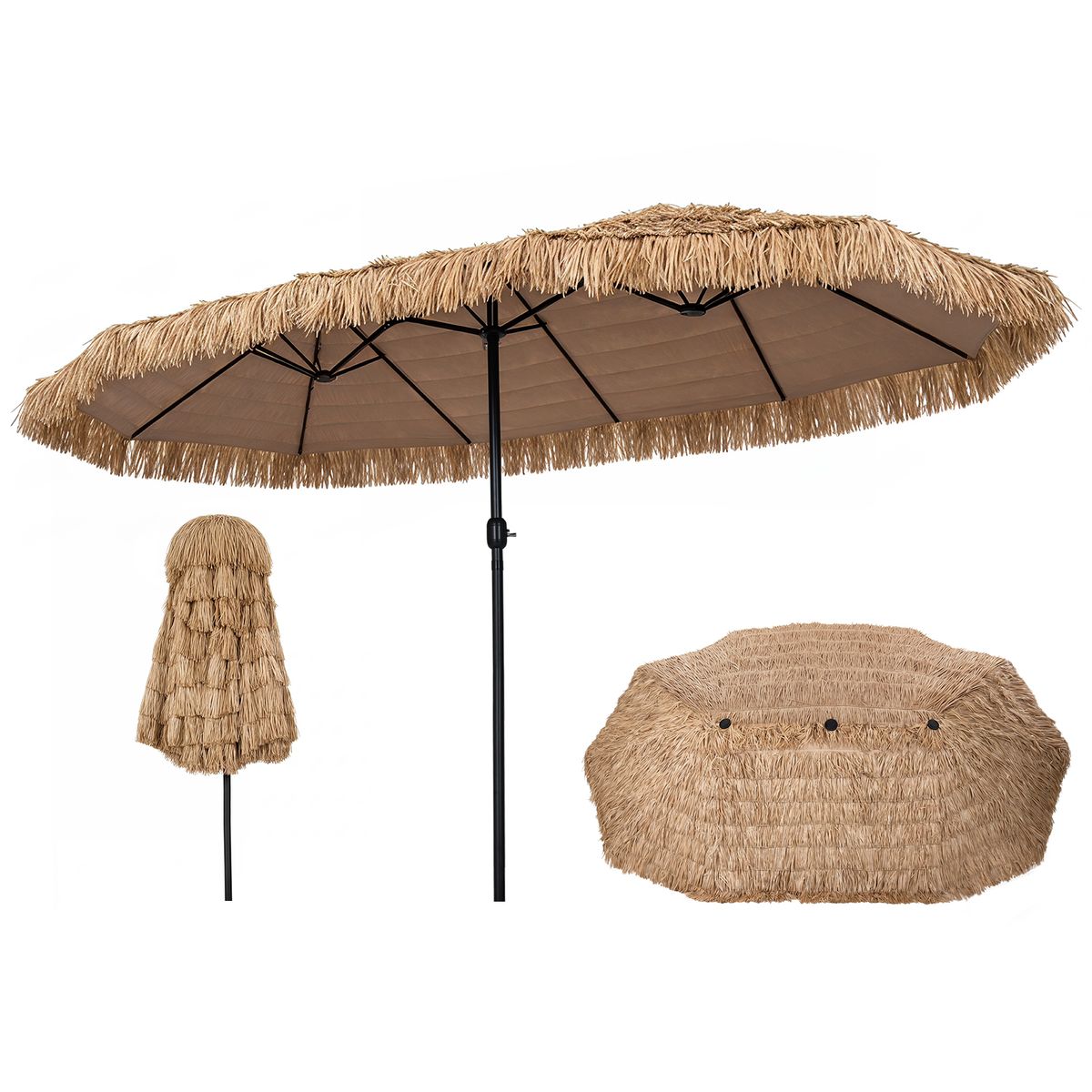 Parasol double en paille Coast - style hawaïen tropical - sans lampe, sans pied de parasol - 450 x 270 cm - couleur naturelle