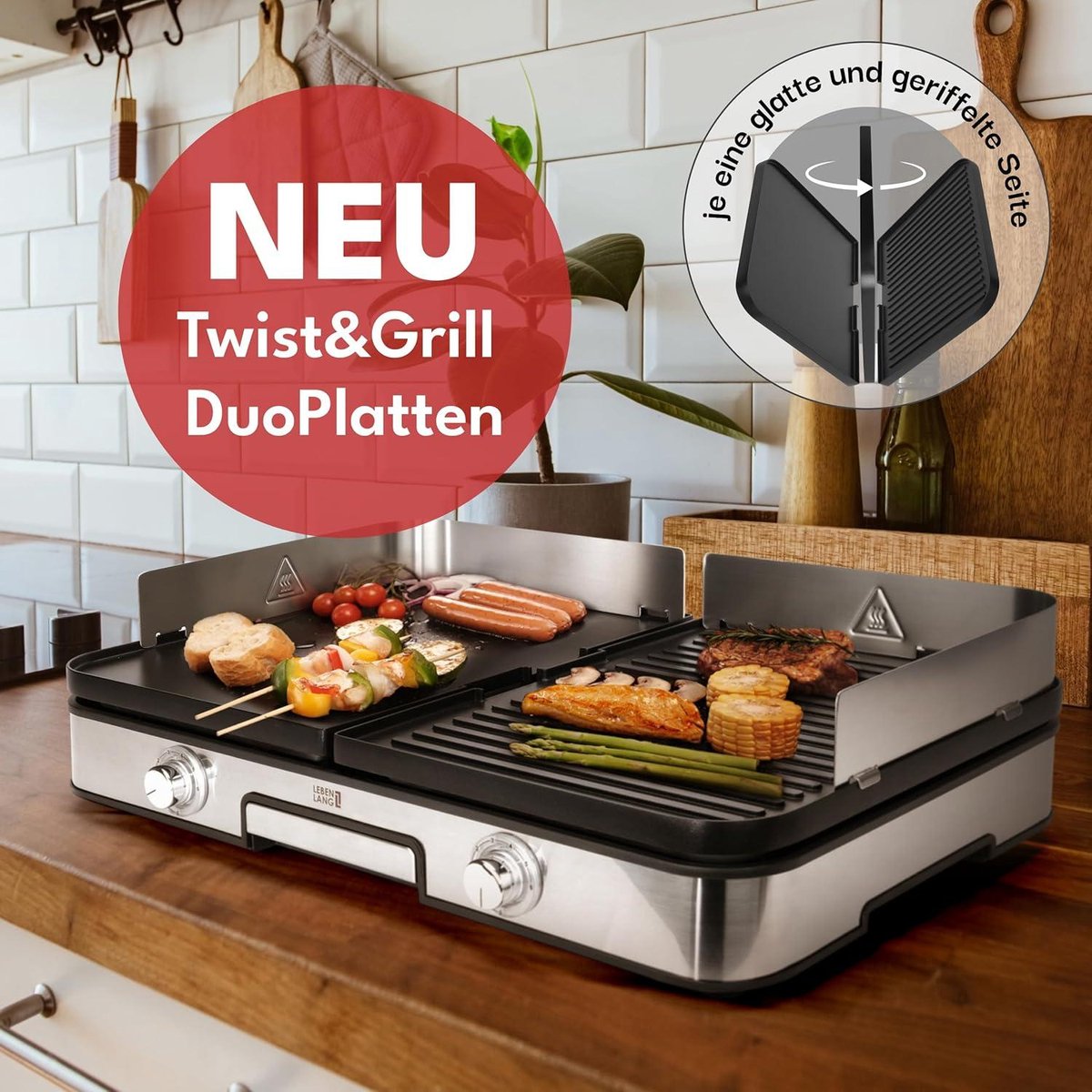 LEBENLANG Electric Table Grill 2400W - Gris - 2x plaques de cuisson (striées et lisses) - 55 x 30 cm - Pince à griller et protection anti-éclaboussures incluses - Pour l'intérieur et l'extérieur