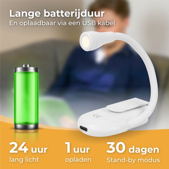 Nuvance - Lampe de lecture - Lampe de lecture à pince - Dimmable - 3 niveaux - Lampe de lecture pour livre - Rechargeable USB C - 24 heures de plaisir de lecture - Lampe à pince - pour enfants et adultes - Lampe à pince - Blanc
