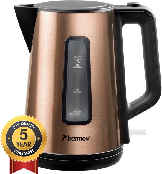 Bouilloire électrique Bestron AWK1000CO - 2 200 W - 1,7 L - Arrêt automatique - Cuivre - Garantie 5 ans