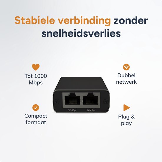Skoov Internet Splitter 1 in 2 out - Commutateur réseau avec 2 ports - 1000Mbps - RJ45, Cat5, Cat6, LAN, UTP, Ethernet splitter - Adaptateur - Noir