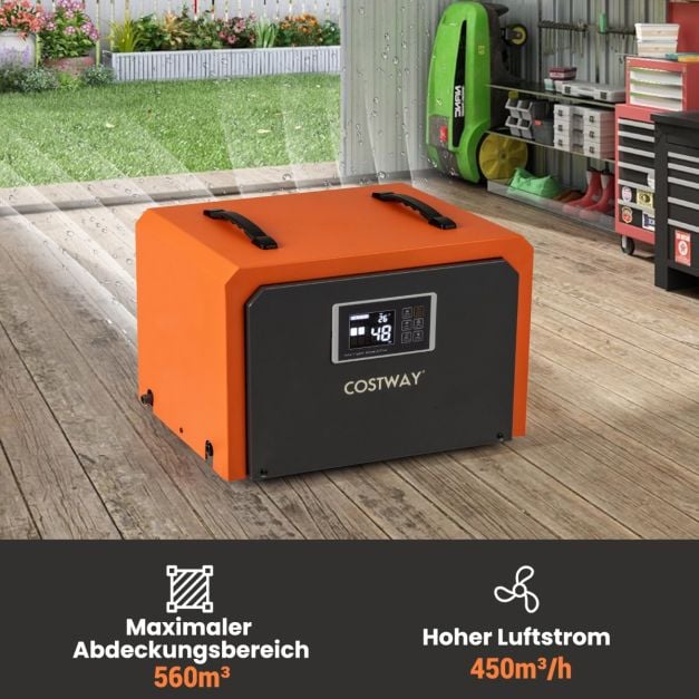 Coast Construction Dryer Orange - Déshumidificateur industriel 60L par jour avec tuyau d'évacuation et minuterie 24 heures - 49 x 31.5 x 32 cm