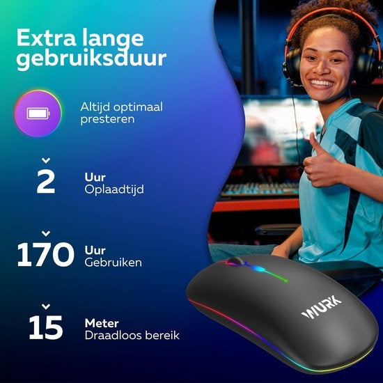 Wurk Wireless RGB Mouse - Rechargeable - Bluetooth 4.0 - 2.4GHz - USB - Sans fil - Souris d'ordinateur - Ordinateur portable - PC - Noir