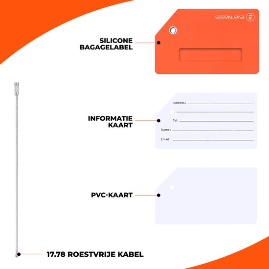 EverNeeds Etiquette de bagage - Silicone - Etiquette de bagage pour valises - Etiquettes de bagage - Orange - 5 pièces