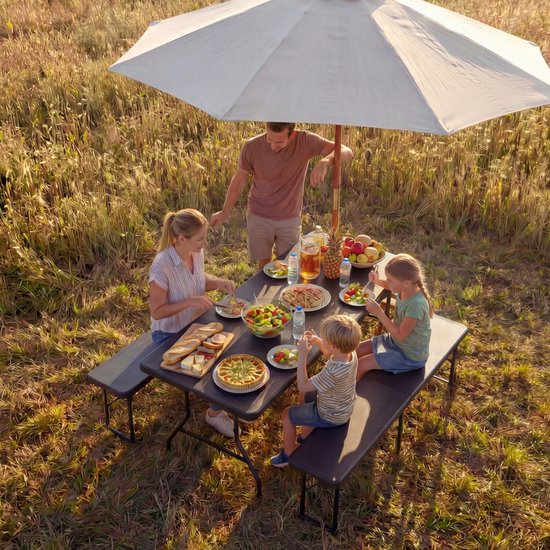 LifeGoods Set de pique-nique pliable - 124cm x 61.5cm - Table de jardin avec 2 bancs - Résistant aux intempéries - Table de camping - Table de bière pliable - Pour l'intérieur et l'extérieur - Pour 4 à 6 personnes - Noir