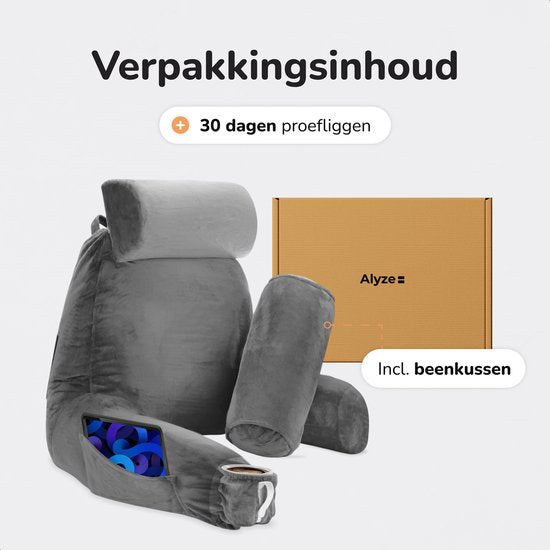 Coussin de lecture pour le lit - Bonne posture au lit - Avec 3 compartiments de rangement - Coussin dorsal pour le bas du dos - Siège de lecture pour le canapé - Gris - Soft & Silky