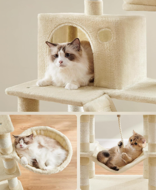 JoyFurnos Arbre à chat XXL 168 cm - Arbre à chat avec 13 poteaux à griffer, 2 niches, un hamac et un panier - Beige