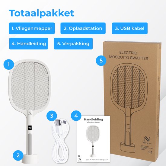 Nuvance Electric Fly Swatter - Usb Rechargeable - Mosquito lamp - with Display - Mosquito plug - Fly trap - Fly lamp - White