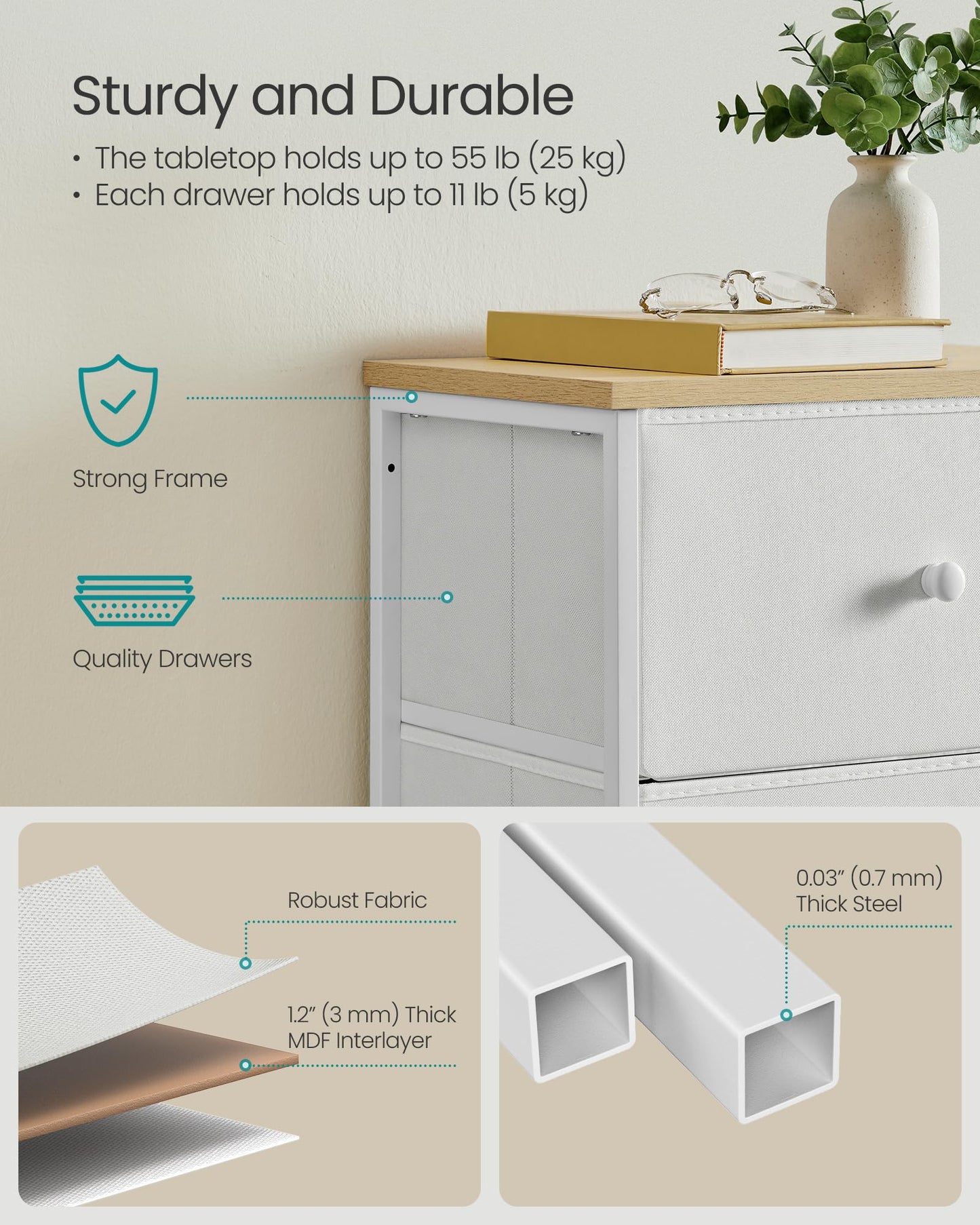 Commode Songmics à 5 tiroirs - Jaune camel/blanc crème - 29,8 x 45 x 112,3 cm