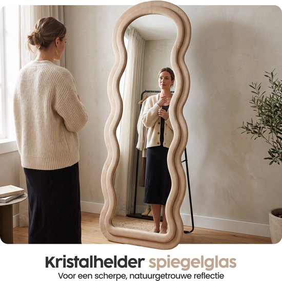 Infinity Goods Miroir en forme de vague - 160 x 60 cm - Miroir mural design - Miroir sur pied rembourré - Suède - Beige