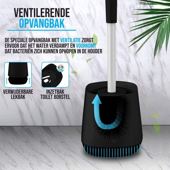 Strex Brosse de Toilette en Silicone avec Support Noir - Séchage Rapide, Hygiénique & Antibactérien - Brosse WC - Porte-Brosse de Toilettes