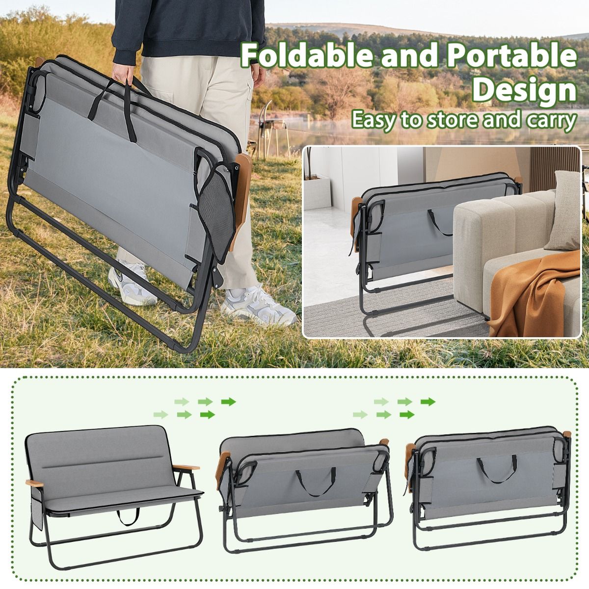 Chaise de camping double Coast - pliable - coussin amovible - gris