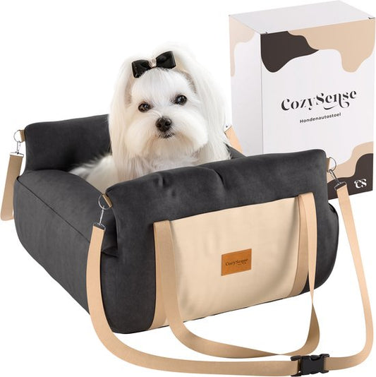 Siège auto pour chien CozySense® - Panier auto pour petit chien - Siège avant et arrière - Housse lavable et sac de transport - Noir/Beige