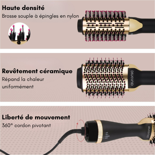 Auronic - Brosse soufflante et coiffante 3 en 1 - 1000W - Noir/or