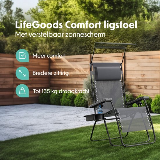 LifeGoods Chaise de jardin pliable - parasol réglable - chaise longue de jardin - 30°-90° réglable - métal - gris