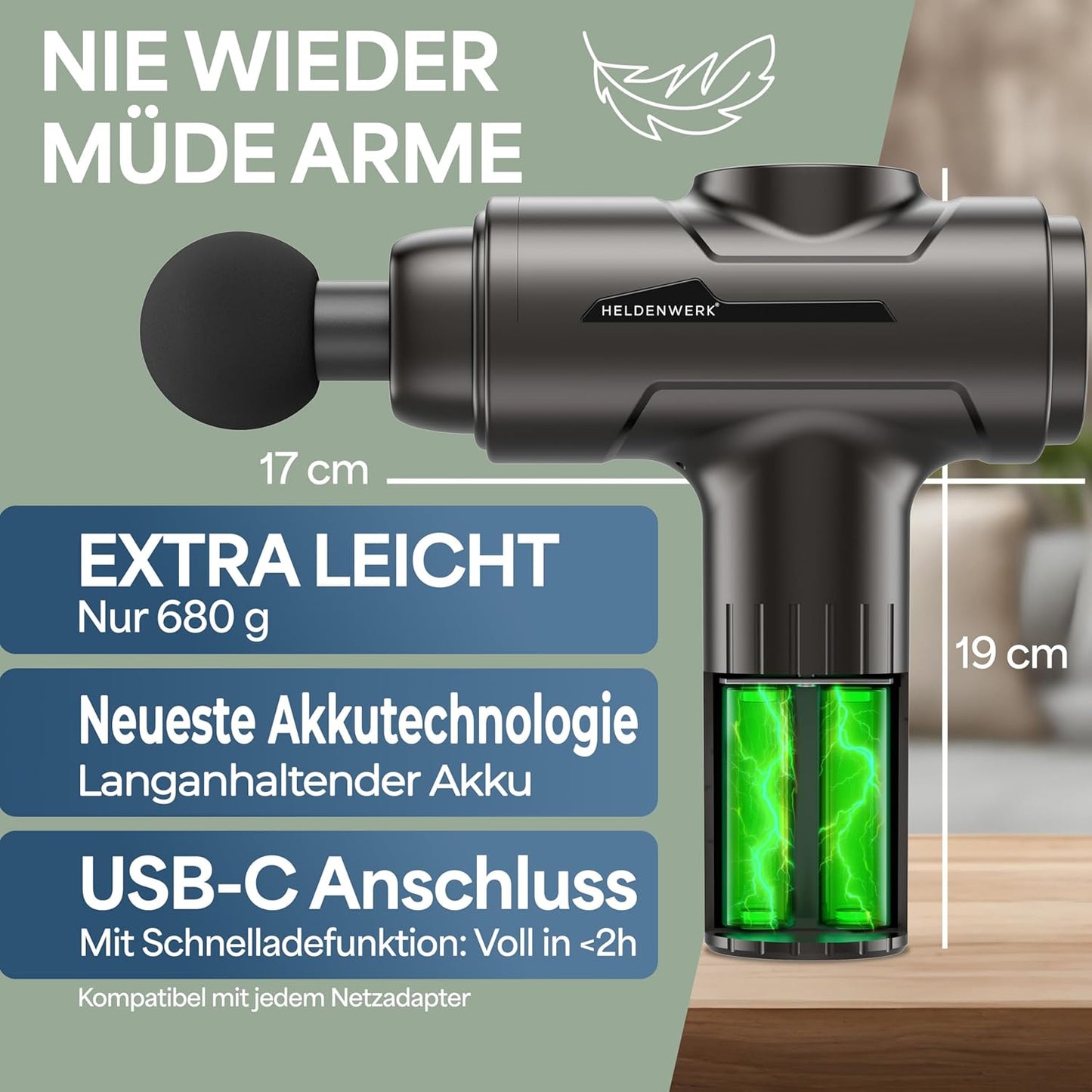 Pistolet de massage Heroism - 6 têtes de massage - 30 vitesses - USB-C - Gris