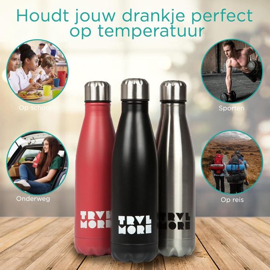 Gourde TravelMore en acier inoxydable - Tasse isotherme de sport - Gourde isotherme pour garder l'eau fraîche ou chaude - Gourde isotherme - Voiture - Fitness - Plein air - Course à pied - Adultes - Sans BPA - Double paroi - Tige - Acier - 500 ml - Noir