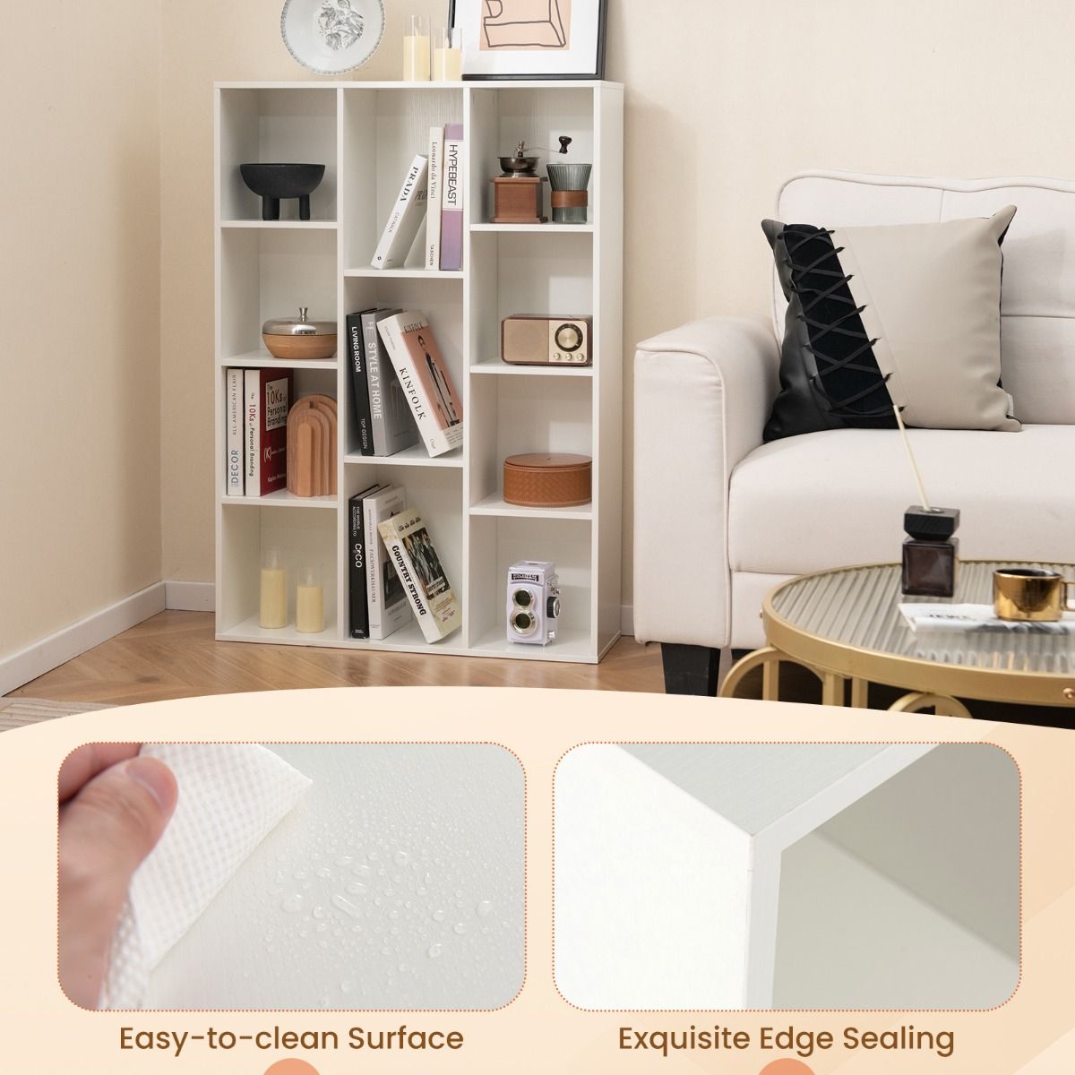 Coast Bookcase 11 Compartments White 74x24x106 cm - Etagère géométrique moderne avec protection contre le basculement