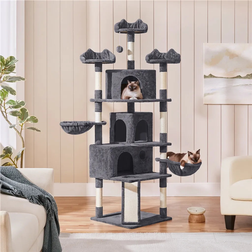 Arbre à chat Yaheetech XXL - 194 cm - Tiges en sisal - 2 maisonnettes/2 paniers - Gris foncé