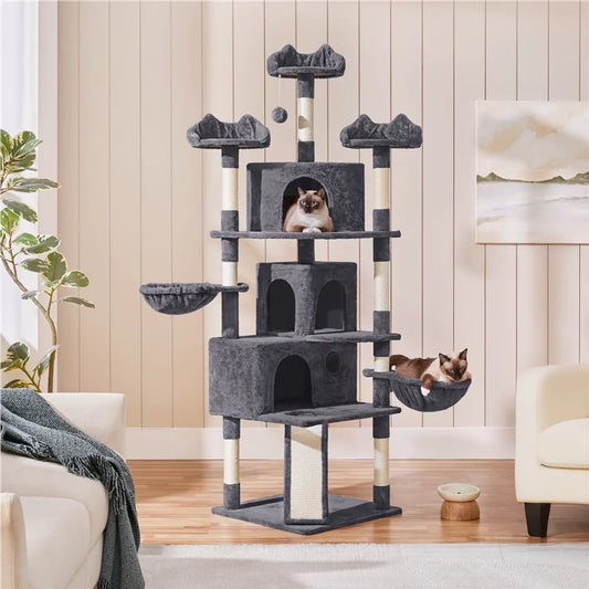 Arbre à chat Yaheetech XXL - 194 cm - Tiges en sisal - 2 maisonnettes/2 paniers - Gris foncé