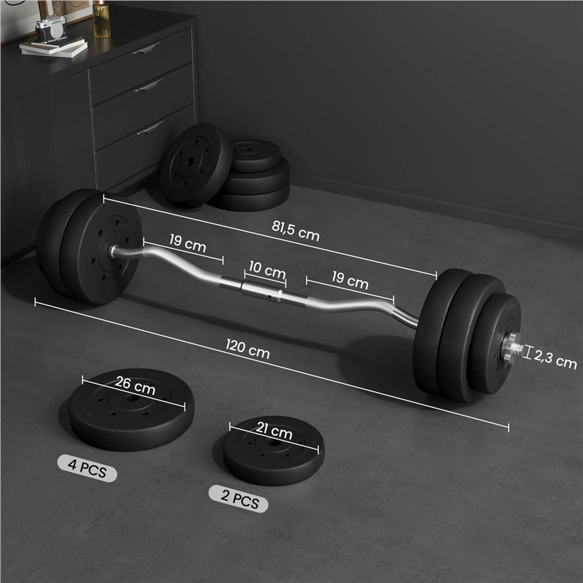 Yaheetech EZ-curl Dumbbell Set 30 kg - équipé d'une barre de curl chromée et de 6 disques de poids en béton et de verrous - pour la musculation et le développement musculaire - métal noir, plastique et béton - 120 x 26 x 26 cm