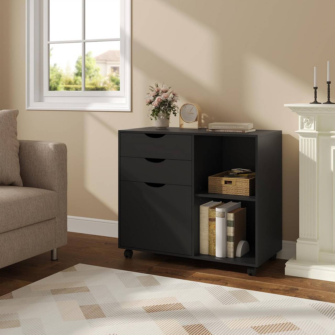 Armoire à dossiers Woltu - Sur roulettes - 3 tiroirs - 80 x 70 x 40 cm - Noir