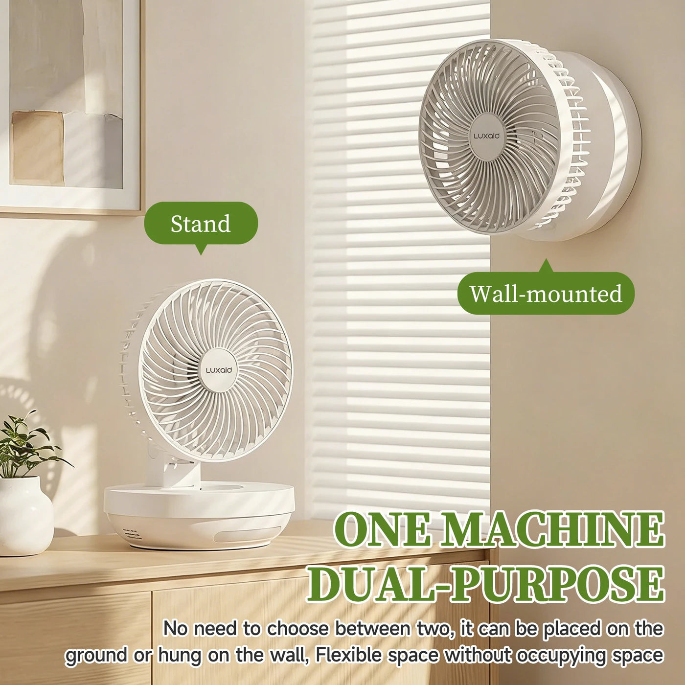 Ventilateur de bureau pliable Luxaid avec télécommande, batterie de 4 000 mAh, recharge Type-C, 3 vitesses, minuterie de 4 heures, veilleuse, fixation murale, portable et compact