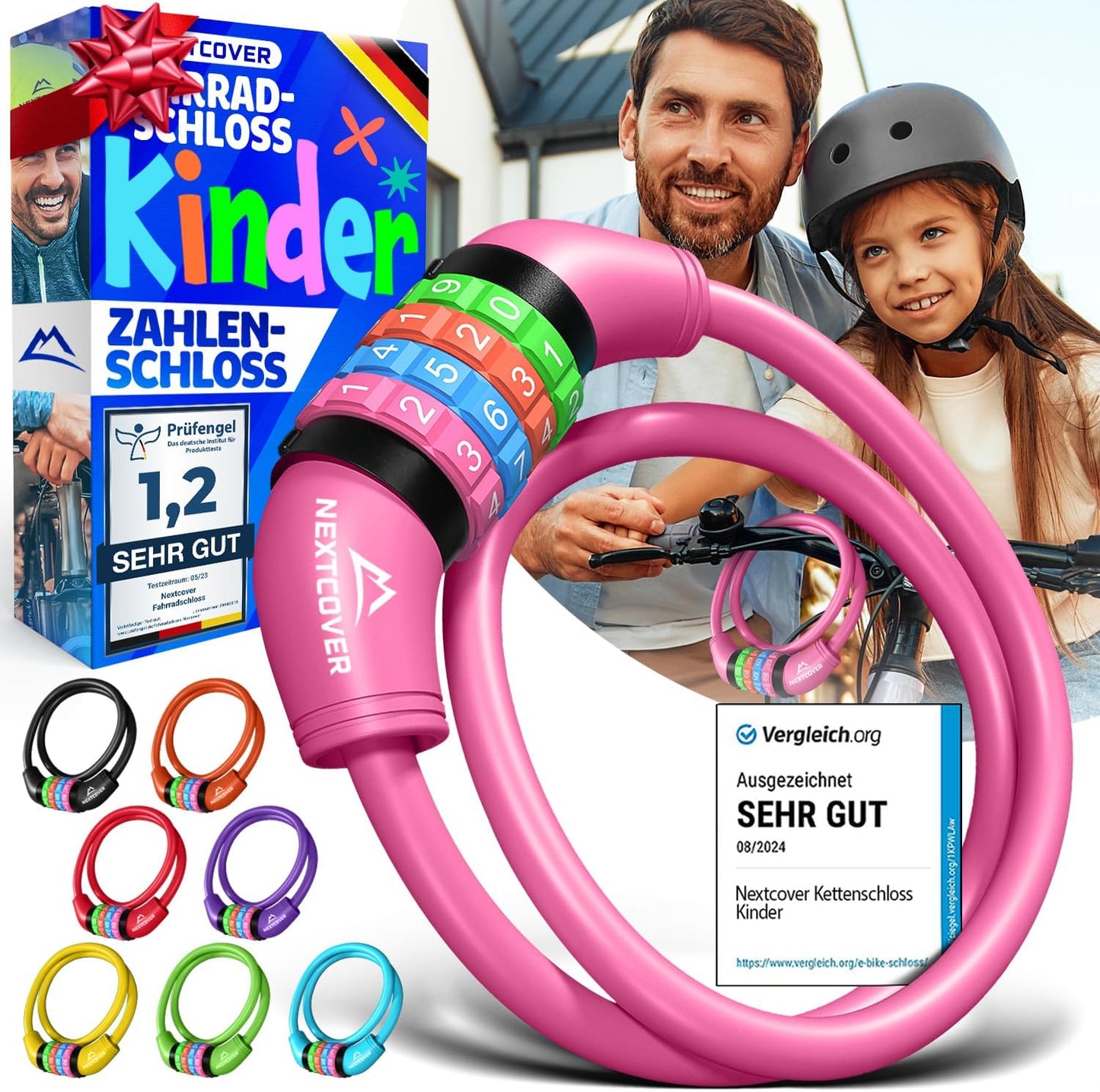 NEXTCOVER® Cadenas à vélo pour enfants - Code numérique à 4 chiffres - Cadenas à combinaison pour vélo avec chiffres colorés - Cadenas pour scooter Extra robuste et sûr - Rose