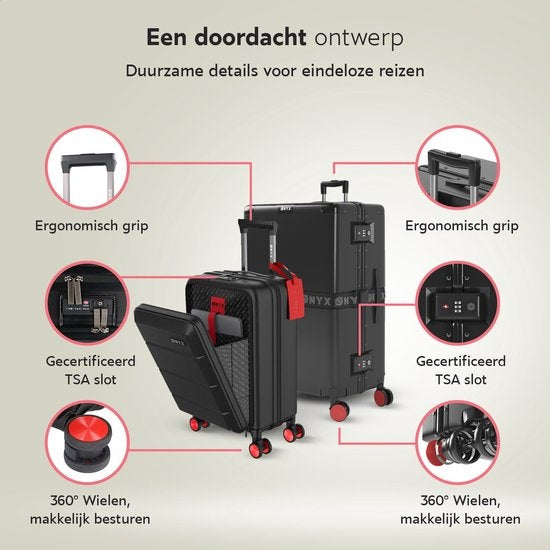 ONYX 2-Piece Suitcase Set - Bagage à main avec poche frontale et valise d'enregistrement - 35L/100 L - Serrure TSA - Trolley léger - Fermeture en aluminium - Noir