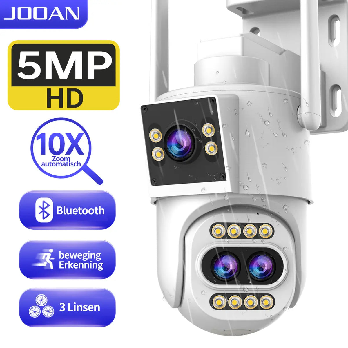 Caméra de sécurité d'extérieur Jooan 2K à triple objectif - Zoom 10x - PTZired IP66 étanche, alerte de mouvement, stockage sur carte 8-256 Go / dans le cloud, alarme avec sirène