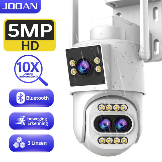 Caméra de sécurité d'extérieur Jooan 2K à triple objectif - Zoom 10x - PTZired IP66 étanche, alerte de mouvement, stockage sur carte 8-256 Go / dans le cloud, alarme avec sirène