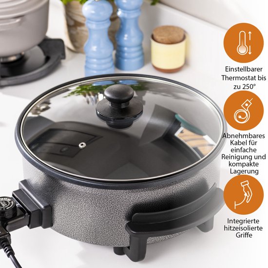 Tristar Casserole PZ-9135 - Casserole électrique avec couvercle 30 cm - Snack Pan XL - Revêtement antiadhésif et thermostat réglable - Maximum 250 ⁰C - Noir