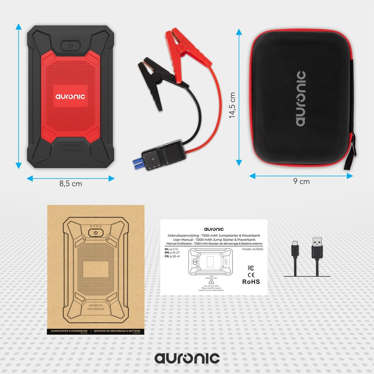 Auronic 12V Jumpstarter for Car 600A / 7,200 mAh 4-in-1 Starter Aid Incl. bag - Red/Black