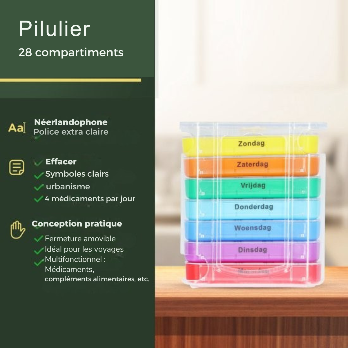 Pilulier 7 jours - Gandria - Pilulier amovible - Boîte à médicaments empilable avec 28 compartiments - Boîte à médicaments avec fermeture solide - 4 compartiments par jour - 7 couleurs