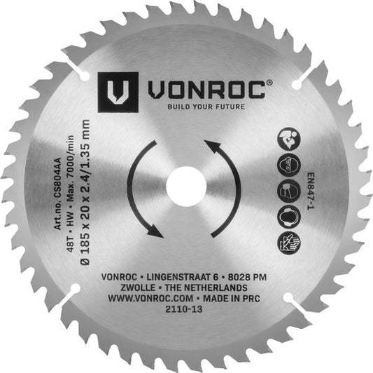 VONROC Lame de scie circulaire - 185x20mm - 48 dents - Convient pour le bois - Universelle
