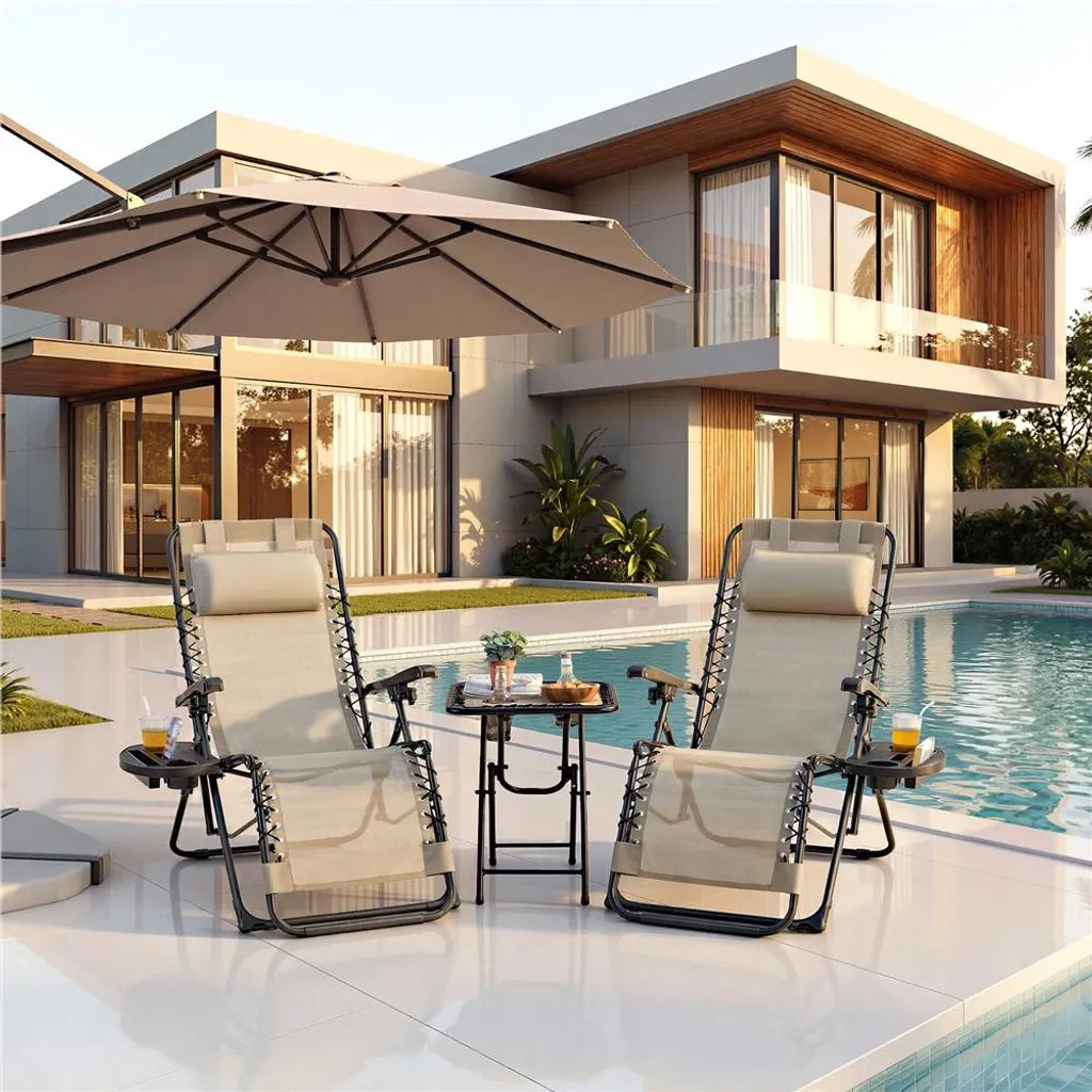 Yaheetech Lot de 2 chaises longues avec table d'appoint - Beige - Chaises longues de jardin pliables « Zero Gravity » avec oreiller et porte-gobelets