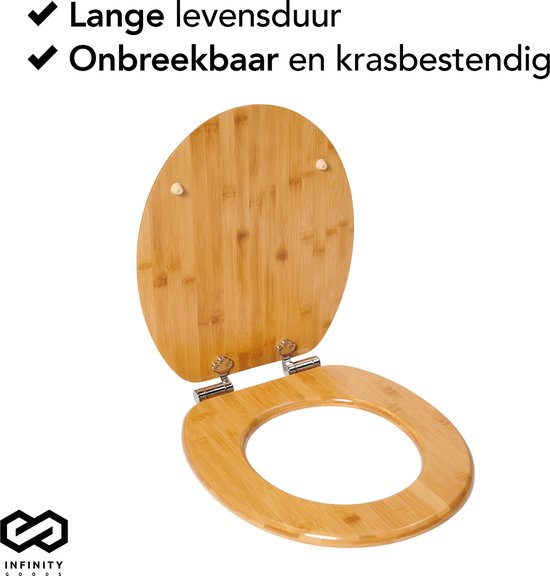 Infinity Goods Bamboo Toilet Seat Terry - Toilet Seat With Lid - Soft Close - Stainless Steel Hinges - Includes Fixing hardware