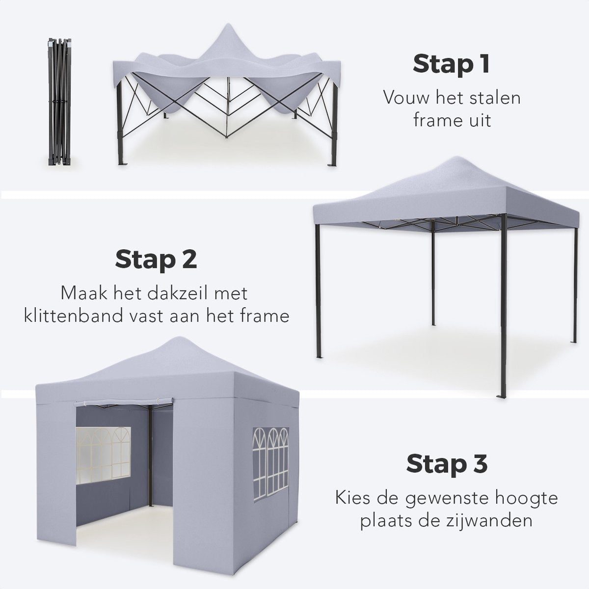 Tente de réception - LifeGoods - Étanche- Pliable - 3x3m - Gris foncé
