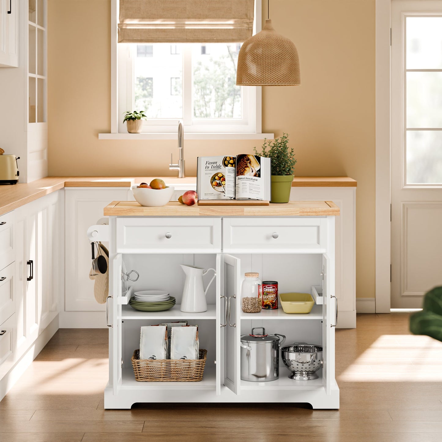 SoBuy FKW71-WN Chariot de cuisine avec plan de travail extensible - Blanc/Naturel - Chariot de service / Îlot de cuisine