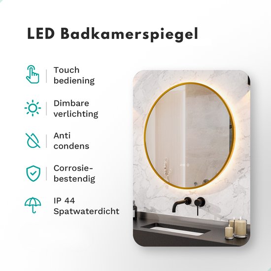 Mirlux Miroir de salle de bain avec éclairage LED et chauffage - Miroir mural rond - Miroir de douche anti-condensation - Cadre doré - 80CM