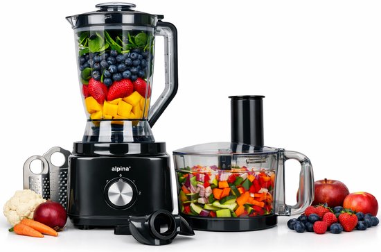 Robot ménager 3-en-1 Alpina : robot de cuisine, mixeur et machine à smoothies - Robot ménager multifonction - Coupe-légumes - Hachoir - 2 L - Sans BPA - Lavable au lave-vaisselle - FP413GS - Noir