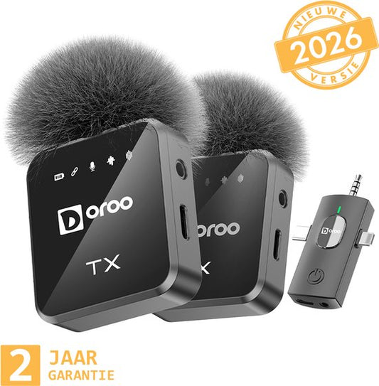 Microphone sans fil professionnel Doroo® - Lot de 2 - Micro-cravate - Bonnettes anti-vent - Batterie longue durée - Épingle de cravate - Son de qualité professionnelle - Micro sans fil USB-C/Lightning/AUX pour iPhone et Android - Plug & Play - Garantie de