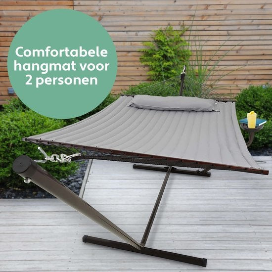 Vita5 Hangmat met Standaard en Spreidstok – 2 Persoons – incl. Bekerhouder - Afneembaar kussen – uv-bestendig – Lichtgrijs