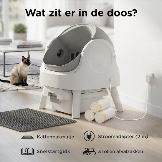 TrevoPet® Bac à litière automatique - autonettoyant et sûr - pour chats jusqu'à 12 kg - tapis, 60 sacs à déchets et accessoires inclus - poubelle de 10 litres - blanc et gris